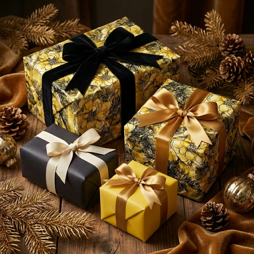 Assorted luxury gift wrap with floral designs and elegant ribbons, perfect for the holidays or any celebration.