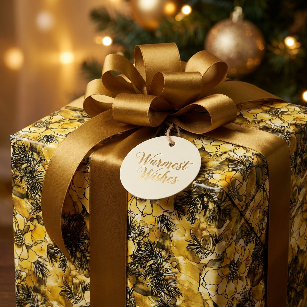 Elegant floral wrapping paper on a gift box with a gold satin ribbon bow for Christmas or holiday.