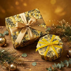 Elegant gifts wrapped in gold floral wrapping paper with satin bows.