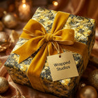 Elegant floral wrapping paper by Wrapped Studios, tied with a gold velvet ribbon.