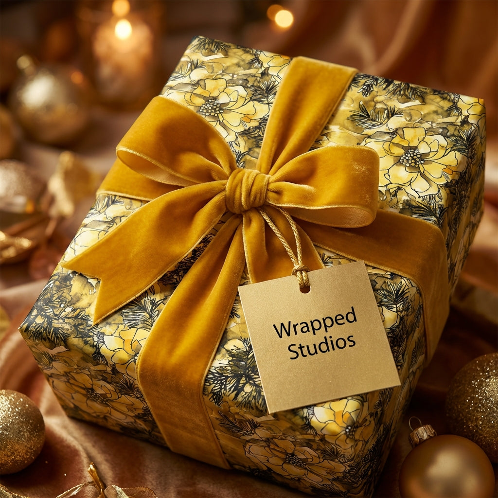 Elegant floral wrapping paper by Wrapped Studios, tied with a gold velvet ribbon.