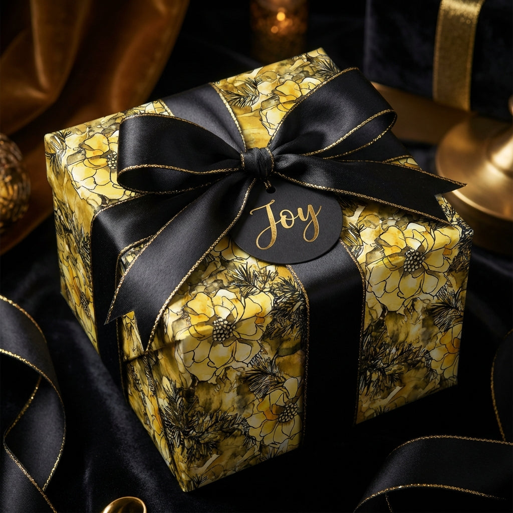 Elegant floral gift wrapped in yellow wrapping paper with black ribbon and "Joy" tag from Wrapped Studios.