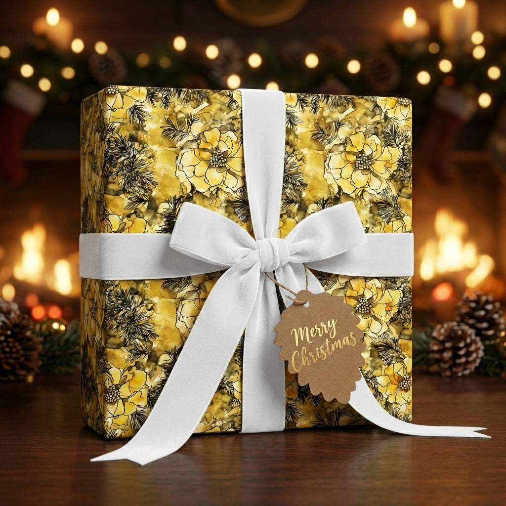 Gold floral wrapping paper on a Christmas gift with white ribbon bow.