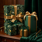 Luxury Christmas gift wrap with dark green floral paper and gold ribbons by Wrapped Studios.
