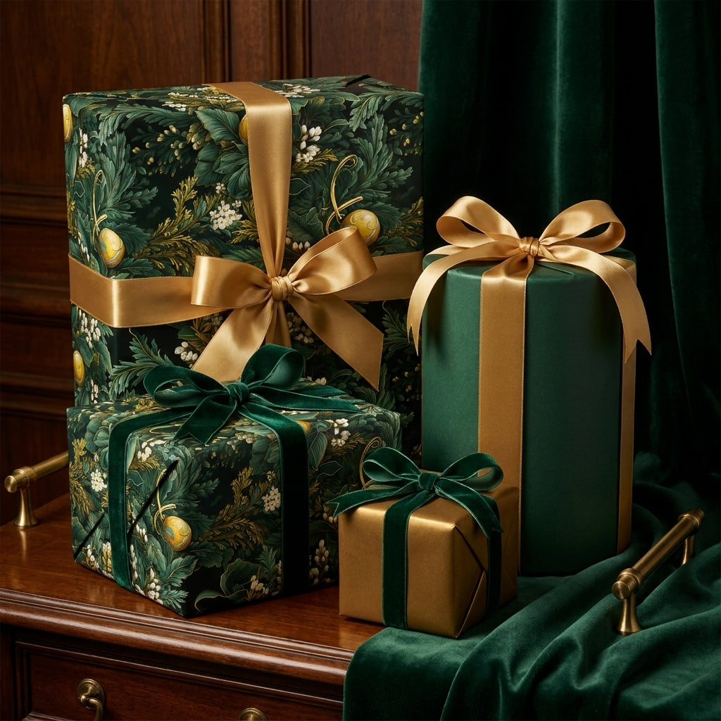 Luxury Christmas gift wrap with dark green floral paper and gold ribbons by Wrapped Studios.