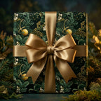Luxury botanical Christmas gift wrap in forest green and gold with a satin bow by Wrapped Studios.
