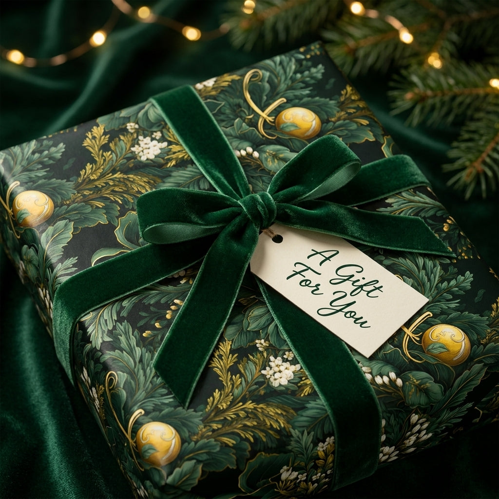 Luxury green and gold botanical Christmas gift wrap with velvet bow by Wrapped Studios.