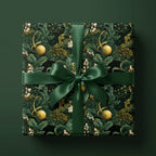 Luxury floral Christmas wrapping paper with gold accents and a green satin ribbon, from Wrapped Studios.