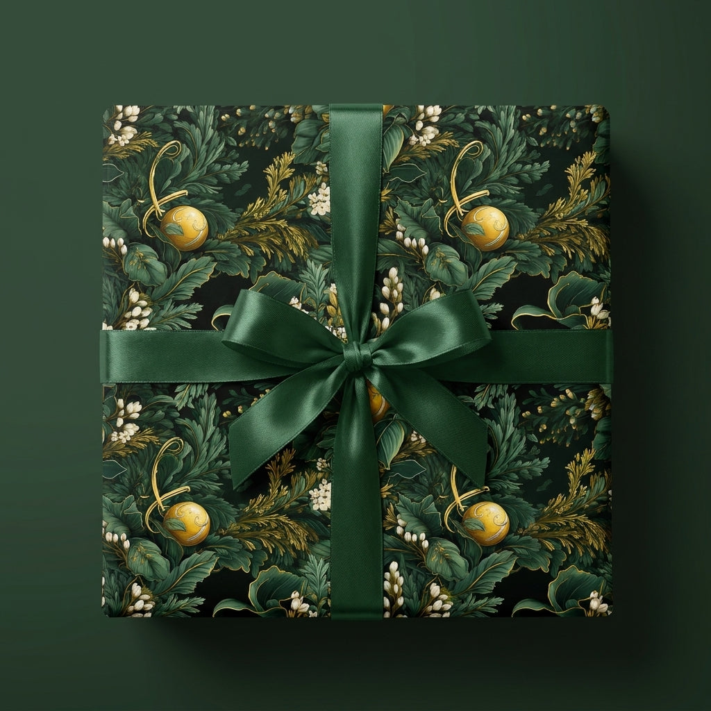 Luxury floral Christmas wrapping paper with gold accents and a green satin ribbon, from Wrapped Studios.