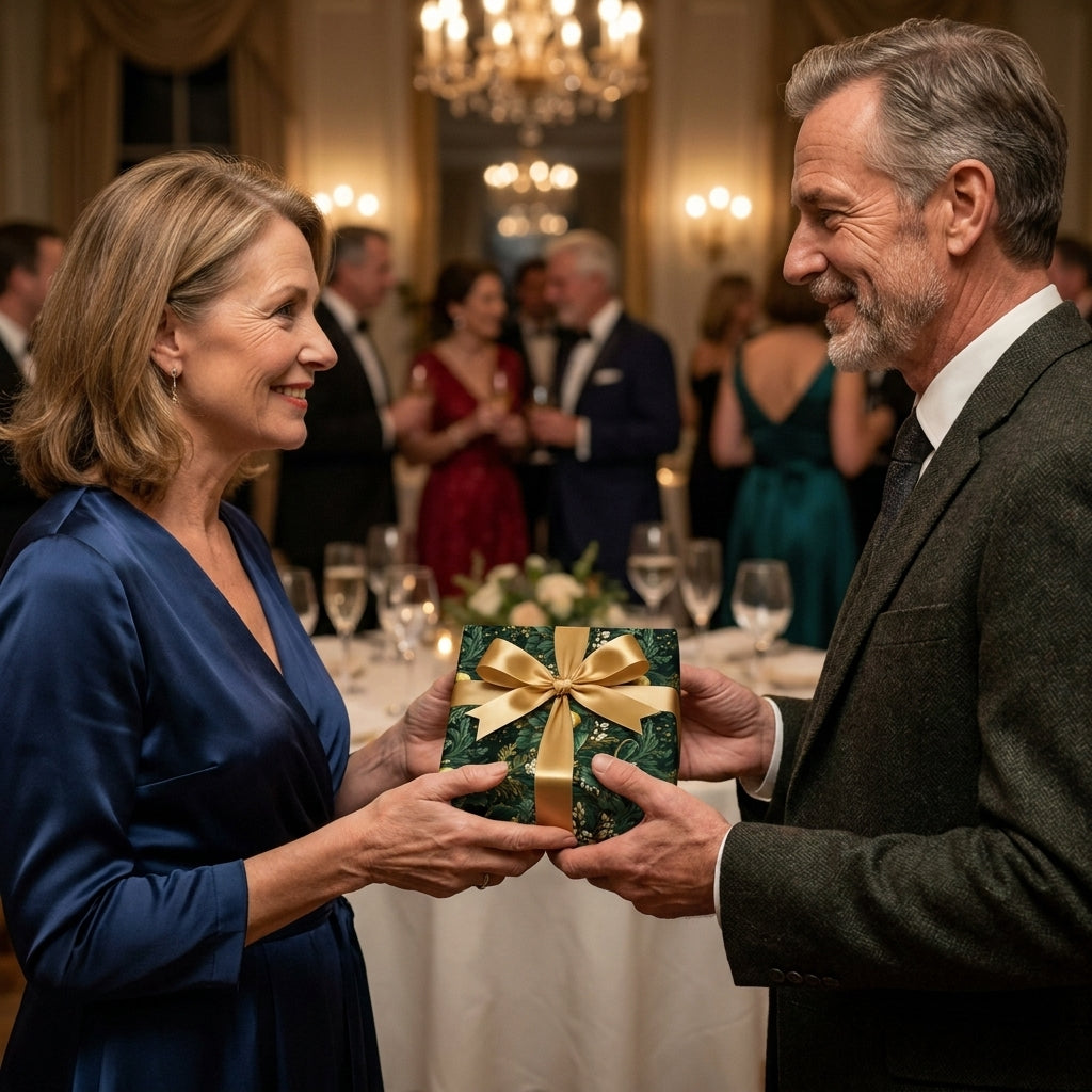 Couple exchanging a gift in luxury green Christmas wrapping paper with a gold bow by Wrapped Studios.