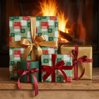 Festive gifts wrapped in retro-patterned wrapping paper with gold and red ribbons by a cozy fireplace.