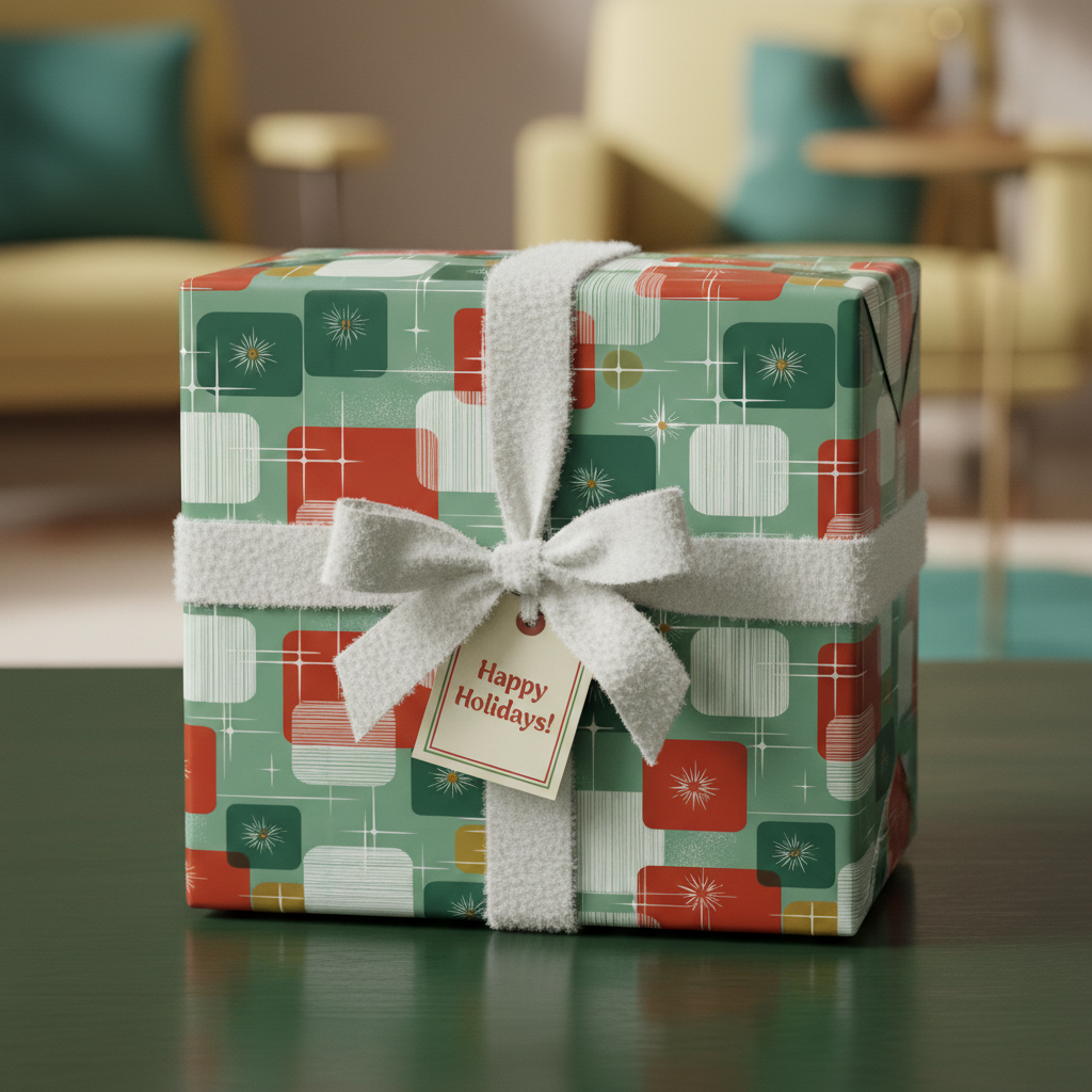 Retro Christmas gift wrap with green, red, and white square pattern, tied with a fluffy white ribbon and "Happy Holidays!" tag.