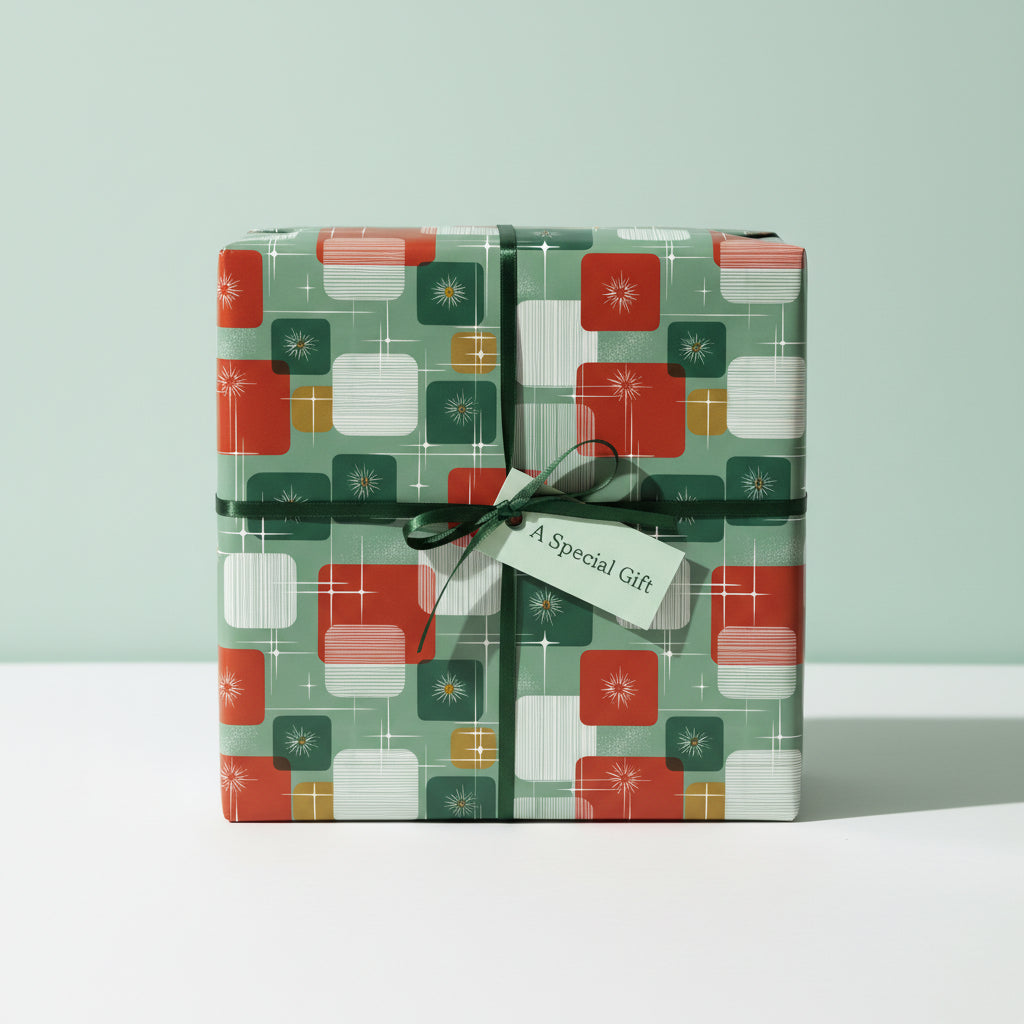Retro-style gift wrapped in geometric holiday wrapping paper with green ribbon and a "Special Gift" tag.