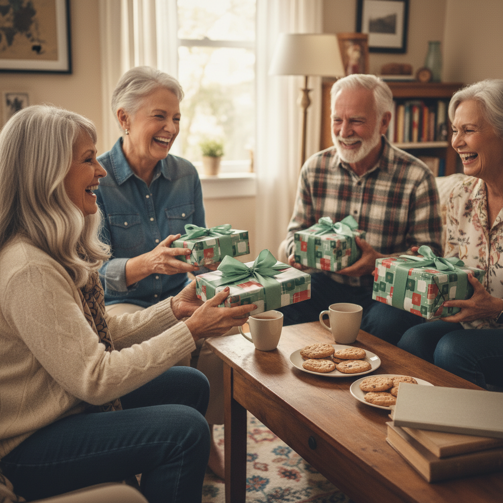 Friends exchanging Christmas gifts wrapped in festive patterned wrapping paper with green ribbon bows.
