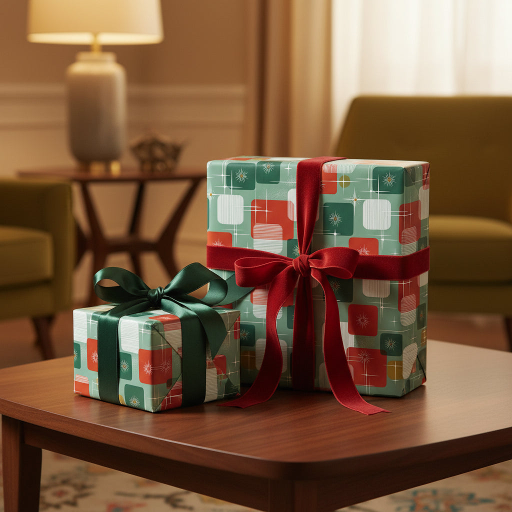 Gifts wrapped in mid-century modern wrapping paper with green and red ribbons, perfect birthday wrapping paper.