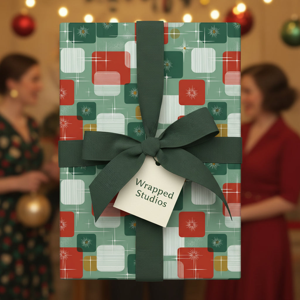 Retro Christmas gift wrap with a green ribbon on a square present with a mid-century modern pattern.