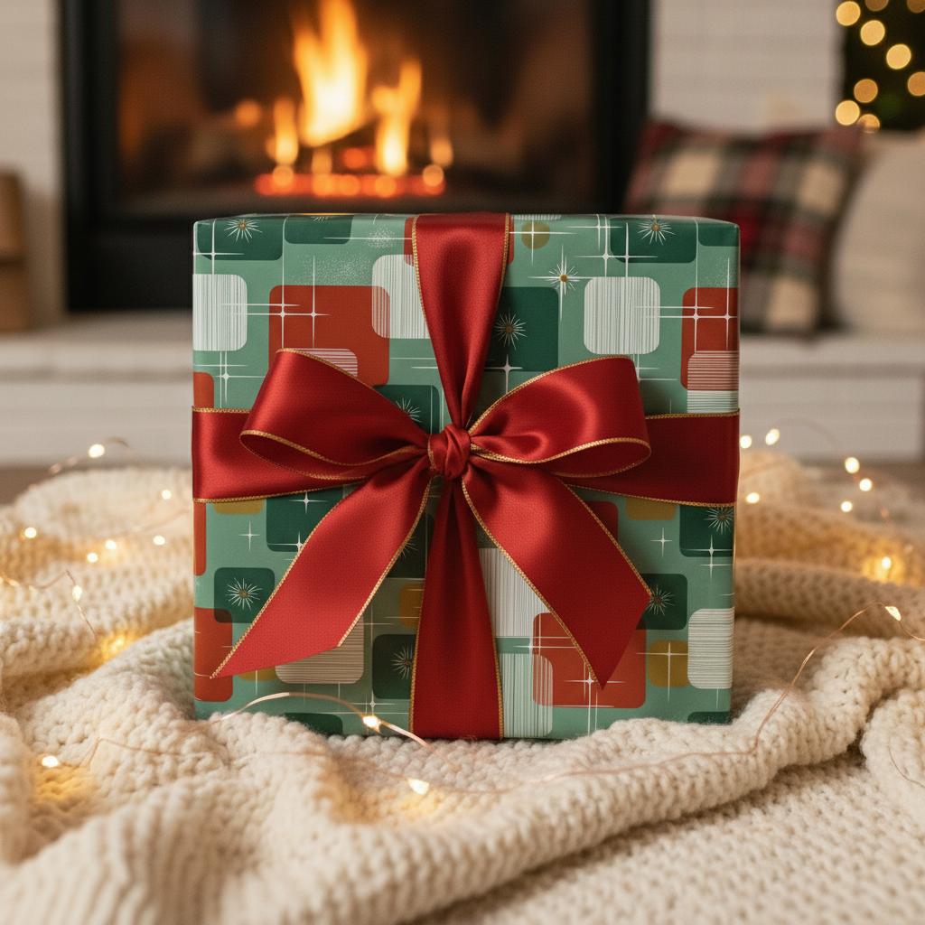 Retro Christmas gift wrap with geometric green and red pattern, tied with red satin ribbon.