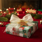 Retro Christmas gift wrapped in green patterned paper with ivory ribbon and "Merry & Bright" tag.