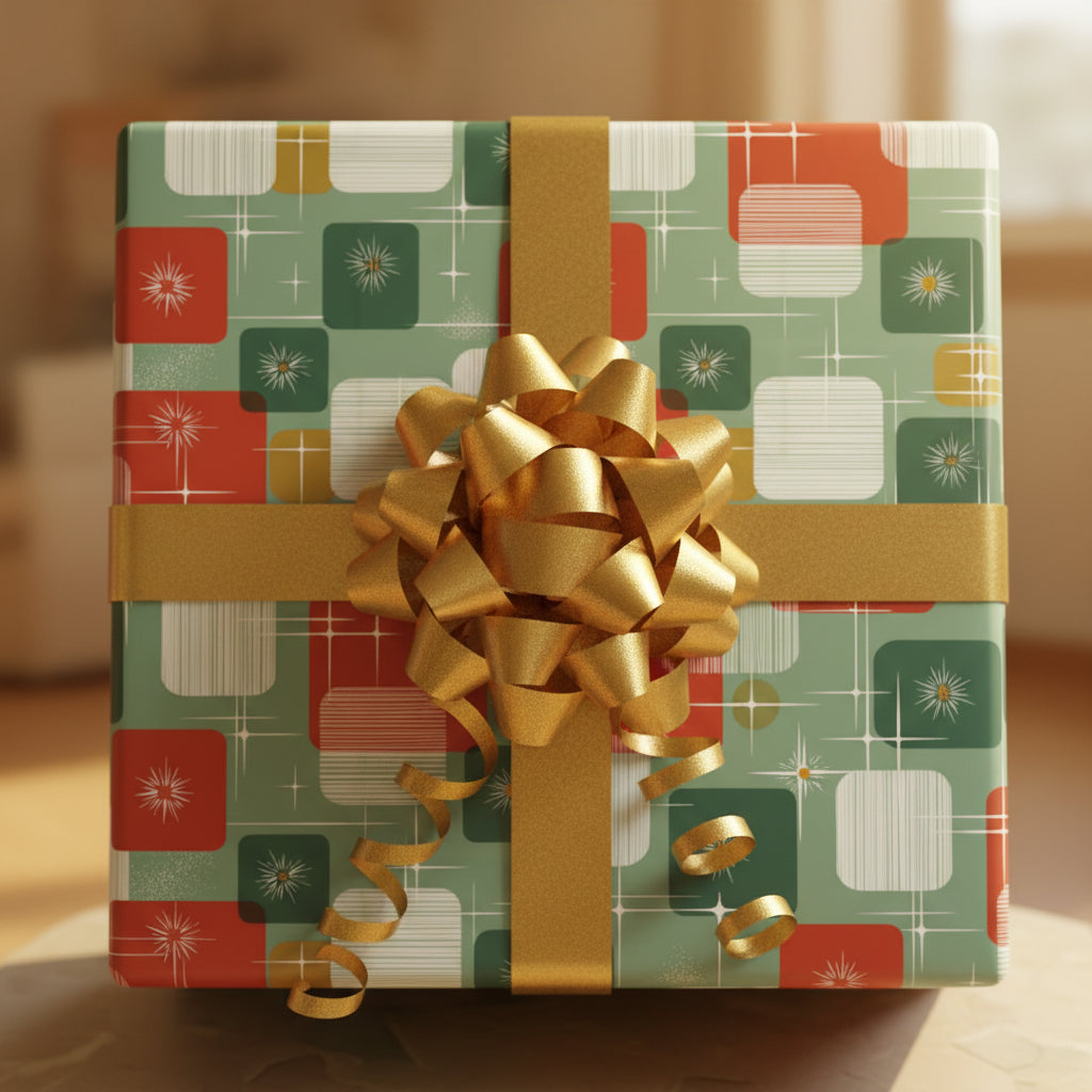 Retro Christmas gift wrap with gold bow.
