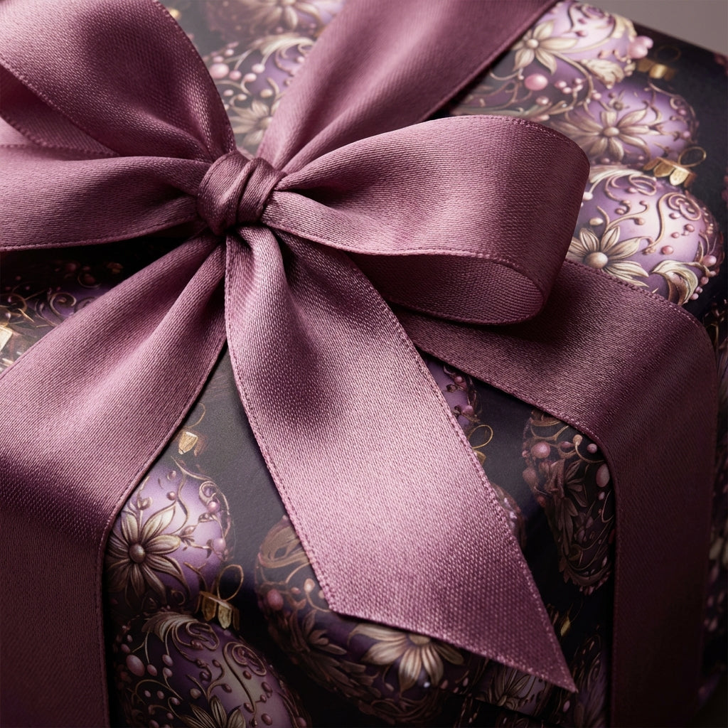 Elegant floral Christmas gift wrap with purple satin ribbon bow from Wrapped Studios.