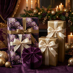 Luxury gift wrap in gold and purple with decorative ornaments. Perfect Christmas or holiday wrapping paper.