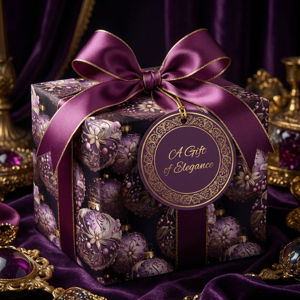 Elegant purple gift box wrapped in floral patterned wrapping paper with matching bow and tag.