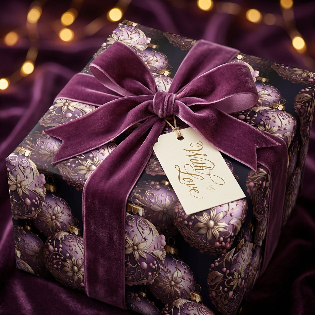 Elegant gift wrapped in purple floral holiday wrapping paper with velvet ribbon and "With Love" tag.