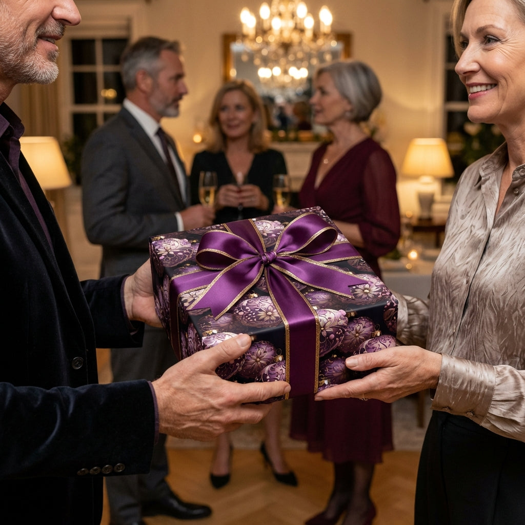 Giving gift wrapped in purple floral wrapping paper with satin bow at elegant holiday party.