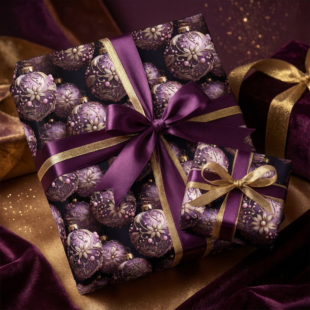 Luxury Christmas gift wrap featuring purple ornaments and gold ribbon.