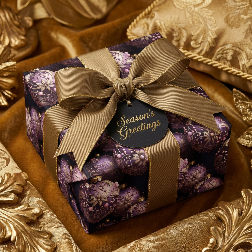 Luxury Christmas gift wrap with purple ornament pattern and gold ribbon, from Wrapped Studios.