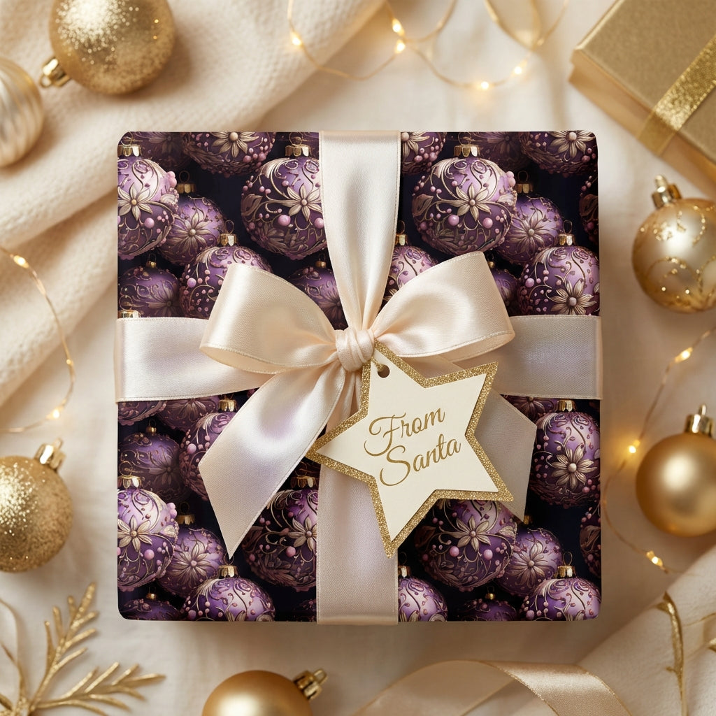 Elegant Christmas gift wrap with purple ornament pattern, ivory ribbon, and "From Santa" tag.