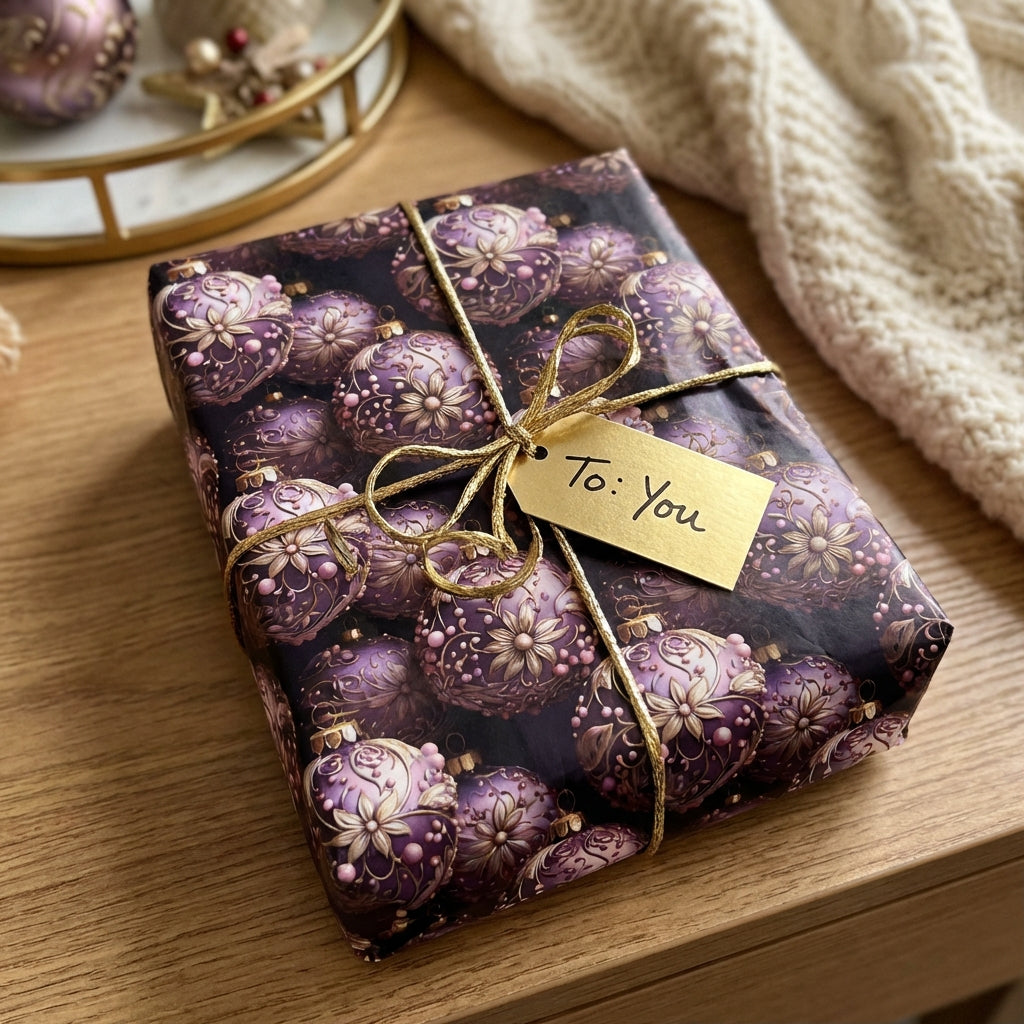 Luxury Christmas gift wrapped in purple floral ornament paper, gold string and gift tag.