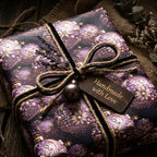 Luxury gift wrapped in floral ornament wrapping paper with twine, velvet ribbon, and handmade with love tag.