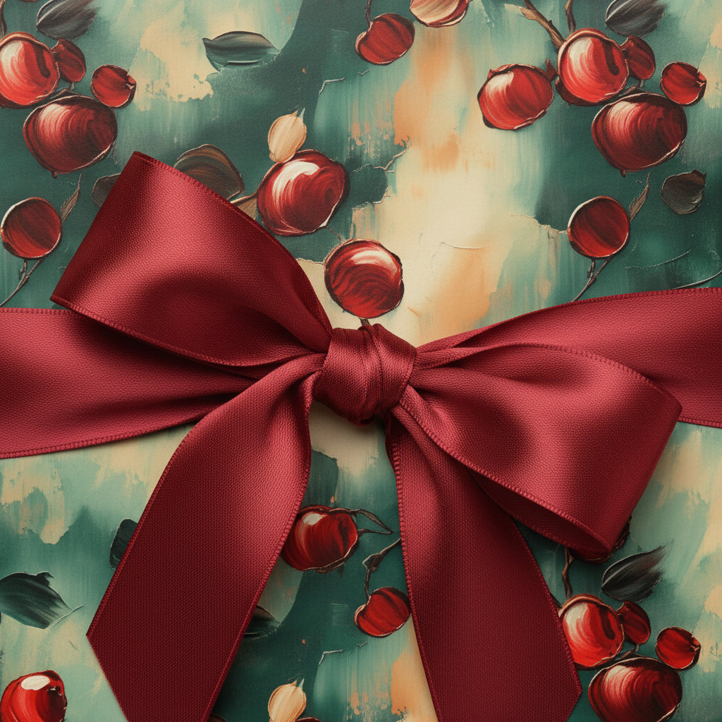Elegant gift wrapped in floral wrapping paper with a rich red satin bow.