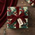Elegant Christmas gift wrap with a red velvet bow and festive berry design.