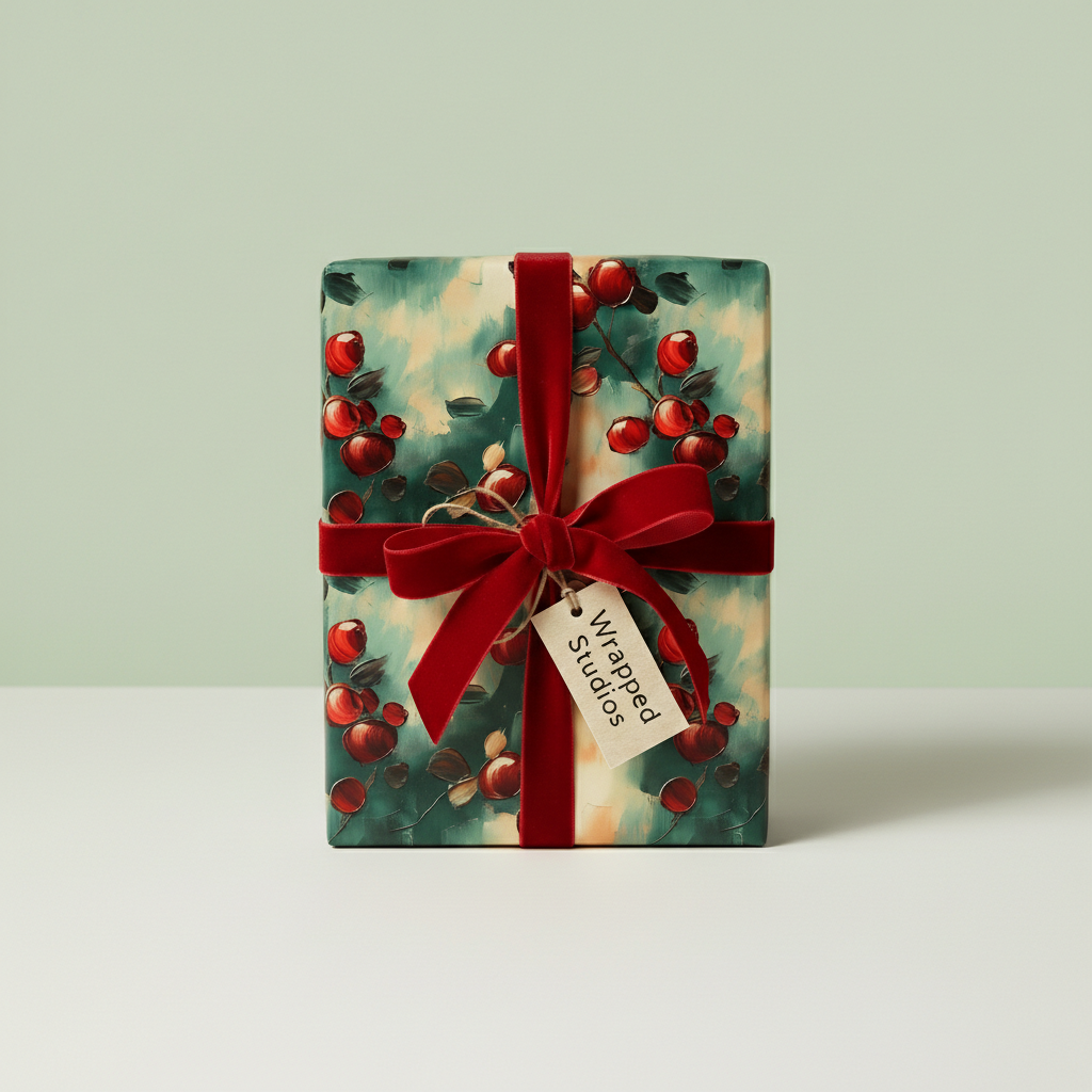 Wrapped Studios floral wrapping paper with red berries and velvet ribbon.