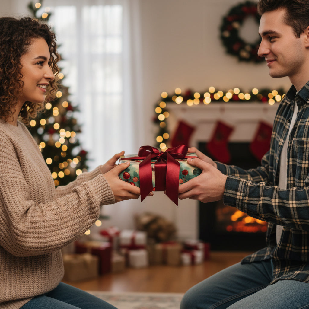 Couple exchanging a Christmas gift wrapped in vintage-style festive paper with a burgundy ribbon.