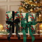 Christmas gifts wrapped in red berry floral wrapping paper with black and green velvet ribbon.