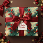 Elegant gift wrapped in floral Christmas wrapping paper with a deep red satin bow, "Joyful Wishes" tag.