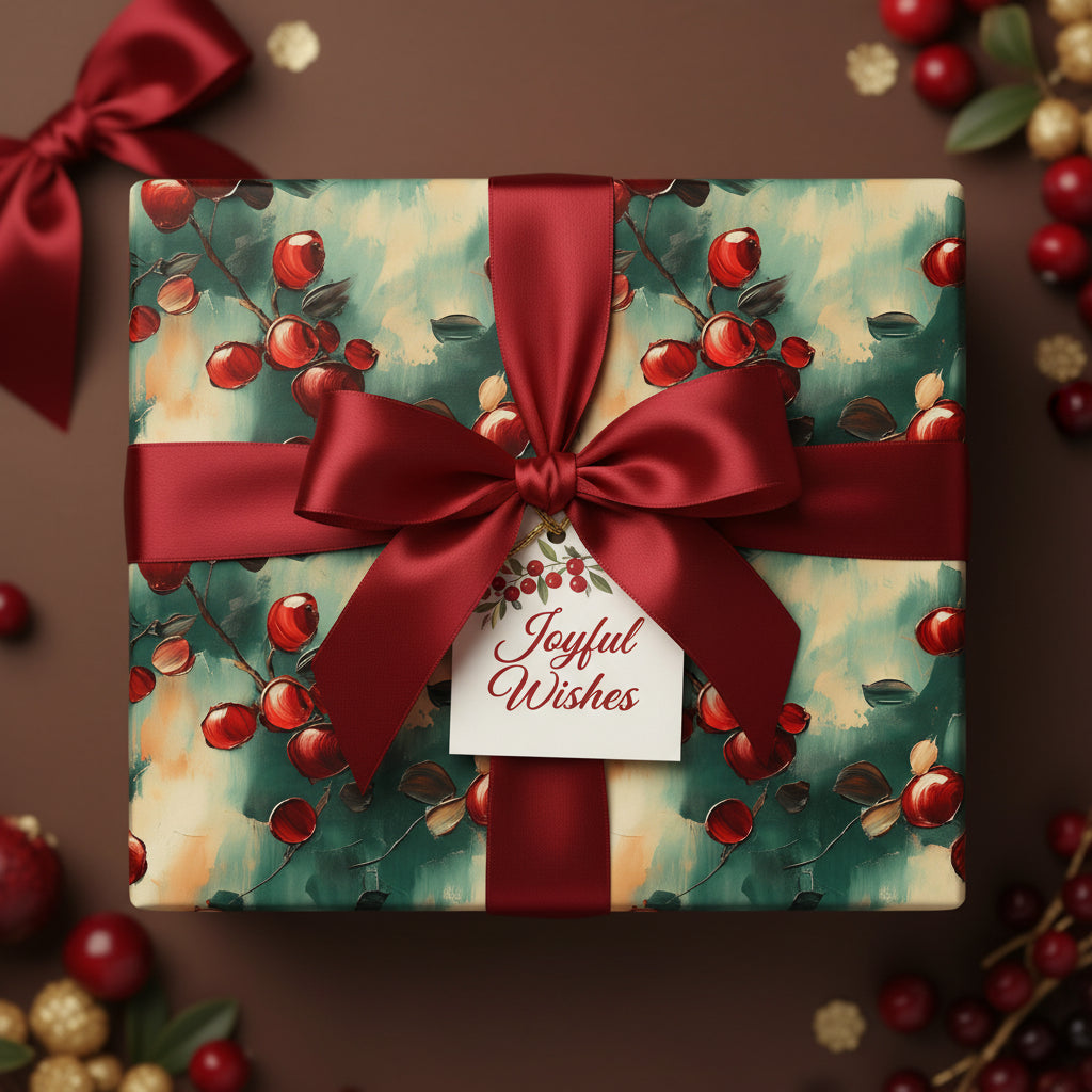 Elegant gift wrapped in floral Christmas wrapping paper with a deep red satin bow, "Joyful Wishes" tag.