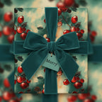 Elegant Christmas gift wrapped in red berry floral wrapping paper with a teal velvet bow.