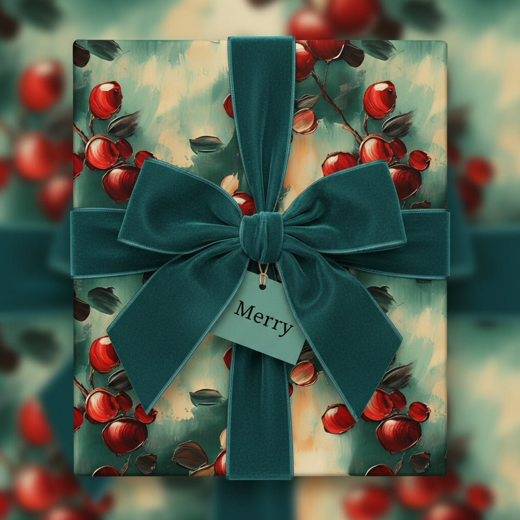 Elegant Christmas gift wrapped in red berry floral wrapping paper with a teal velvet bow.