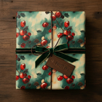 Elegant gift wrapped in floral Christmas wrapping paper with velvet green ribbon and "For You" tag.