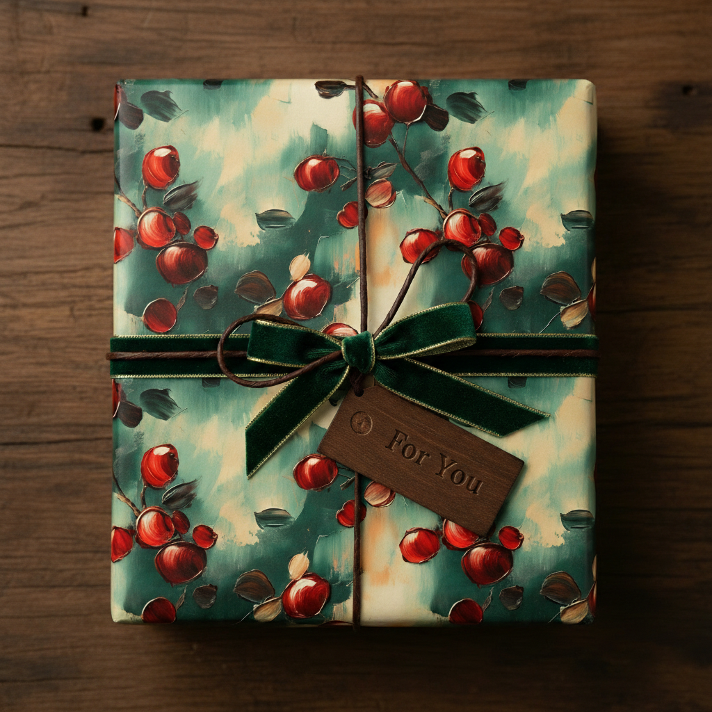 Elegant gift wrapped in floral Christmas wrapping paper with velvet green ribbon and "For You" tag.