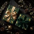 Luxury green botanical Christmas wrapping paper with gold and velvet bows by Wrapped Studios.