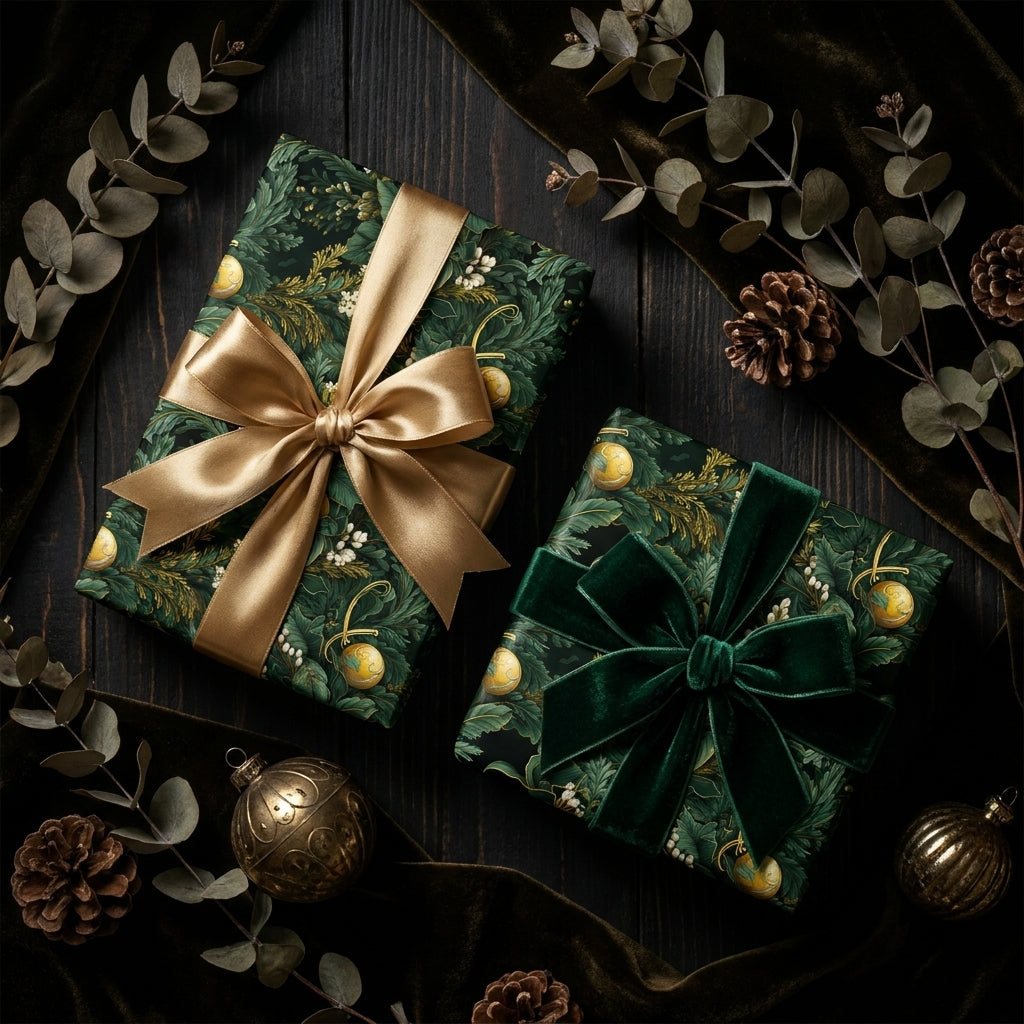 Luxury green botanical Christmas wrapping paper with gold and velvet bows by Wrapped Studios.