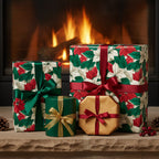 Christmas presents wrapped in floral wrapping paper with red and green ribbons near a fireplace.