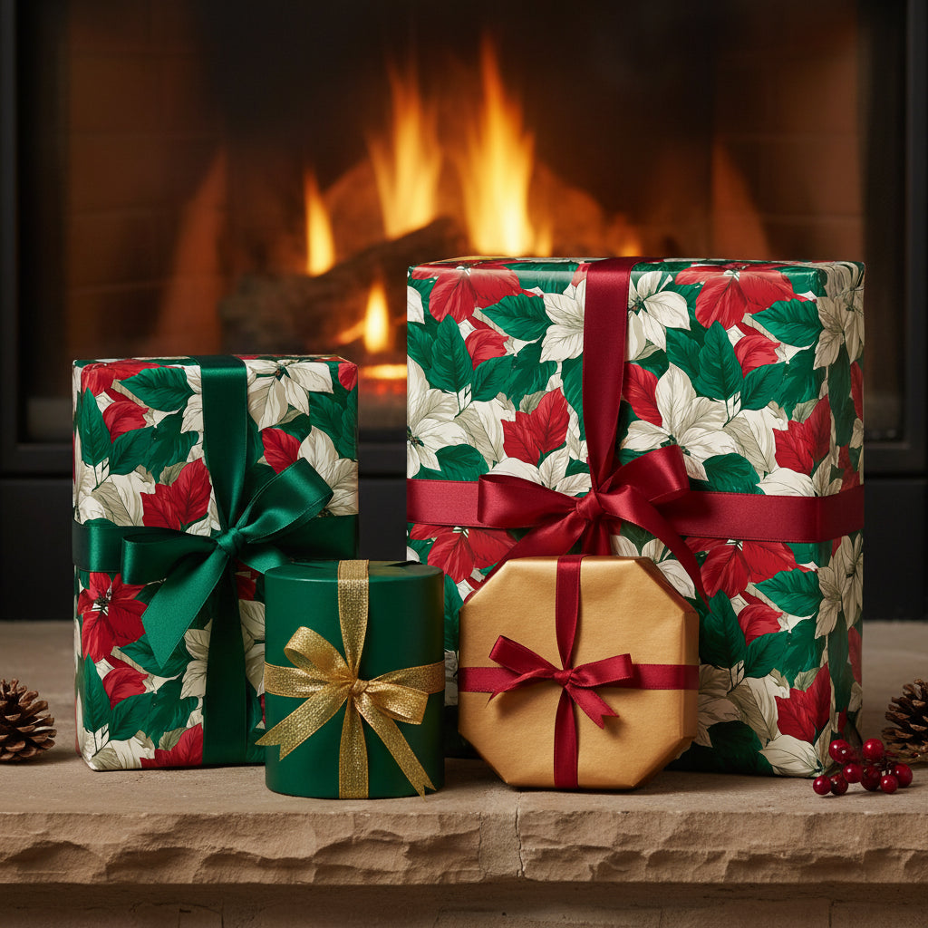 Christmas presents wrapped in floral wrapping paper with red and green ribbons near a fireplace.