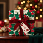 Square Christmas gift wrapped in poinsettia floral paper with red velvet ribbon and "Merry & Bright" tag.