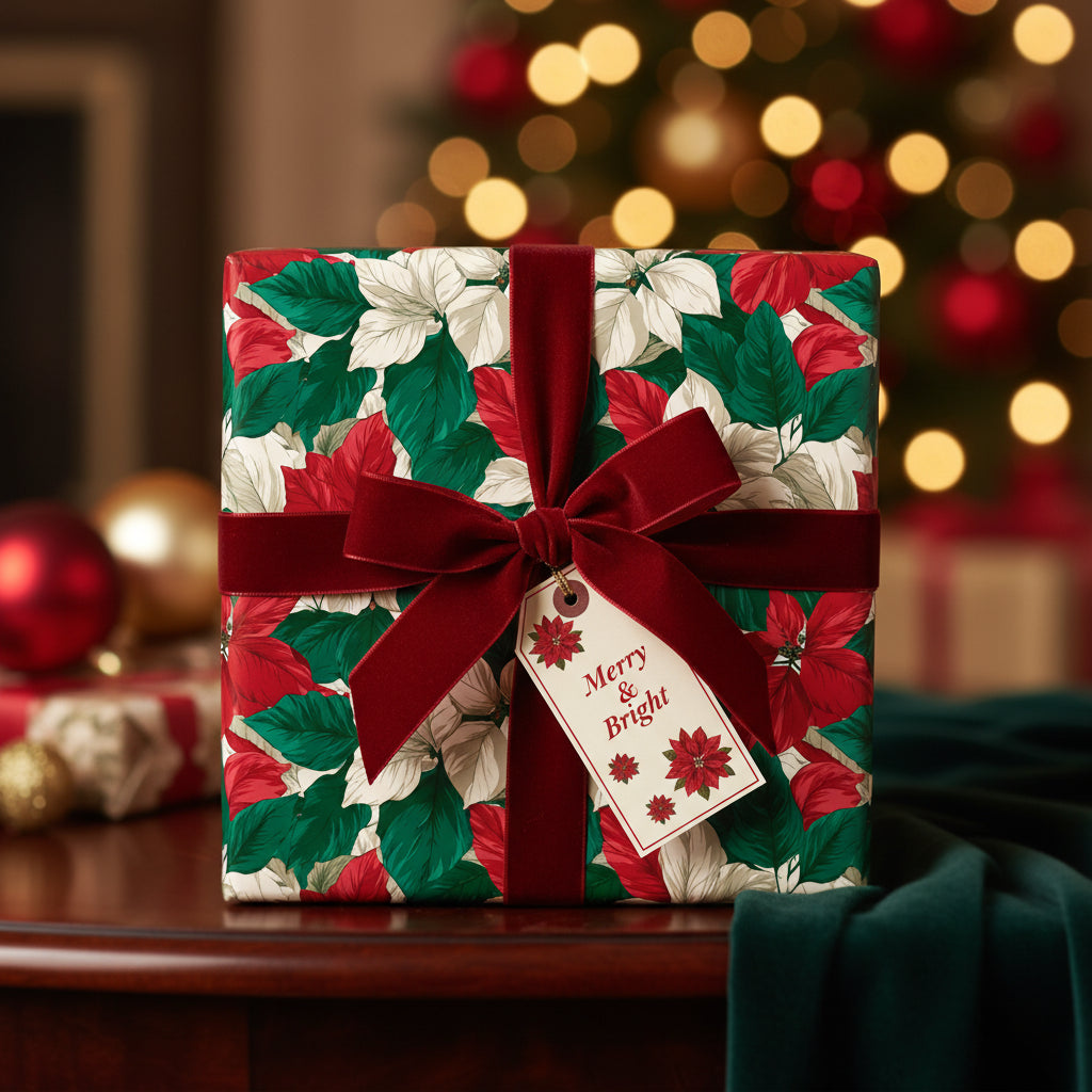 Square Christmas gift wrapped in poinsettia floral paper with red velvet ribbon and "Merry & Bright" tag.